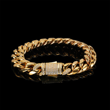 12mm Iced Miami Zircon Spring Clasp Cuban Bracelet in Gold