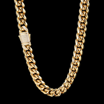 12mm Iced Miami Zircon Spring Clasp Cuban Chain in Gold