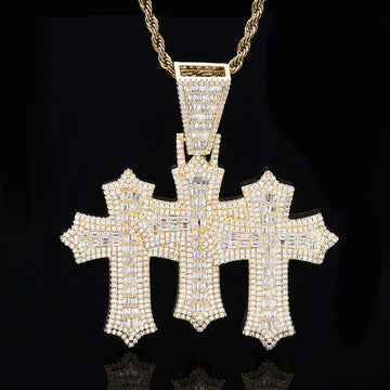 Triple Cross Pendant in Gold with Mixed Pave