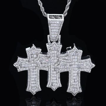 Triple Cross Pendant in White Gold with Mixed Pave