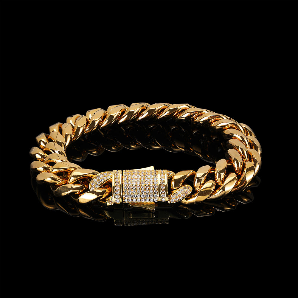 12mm Iced Miami Zircon Spring Clasp Cuban Bracelet in Gold