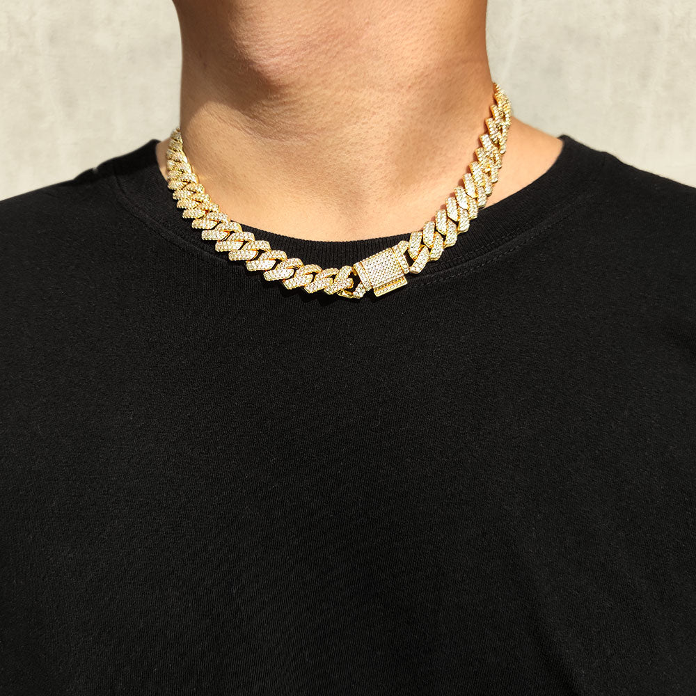 14mm Two Row Iced Out Cuban Chain in Gold