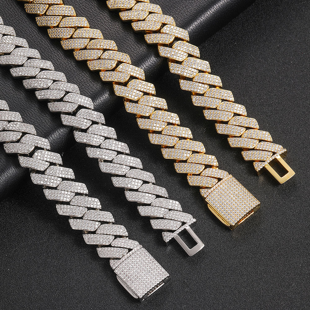 20mm Three Row Iced Out Cuban Chain Silver