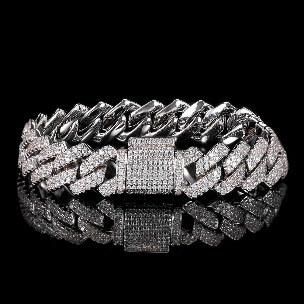 14mm Two Row Iced Out Cuban Bracelet In White Gold