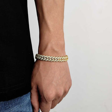 10mm Two Row Iced Out Cuban Bracelet in Gold