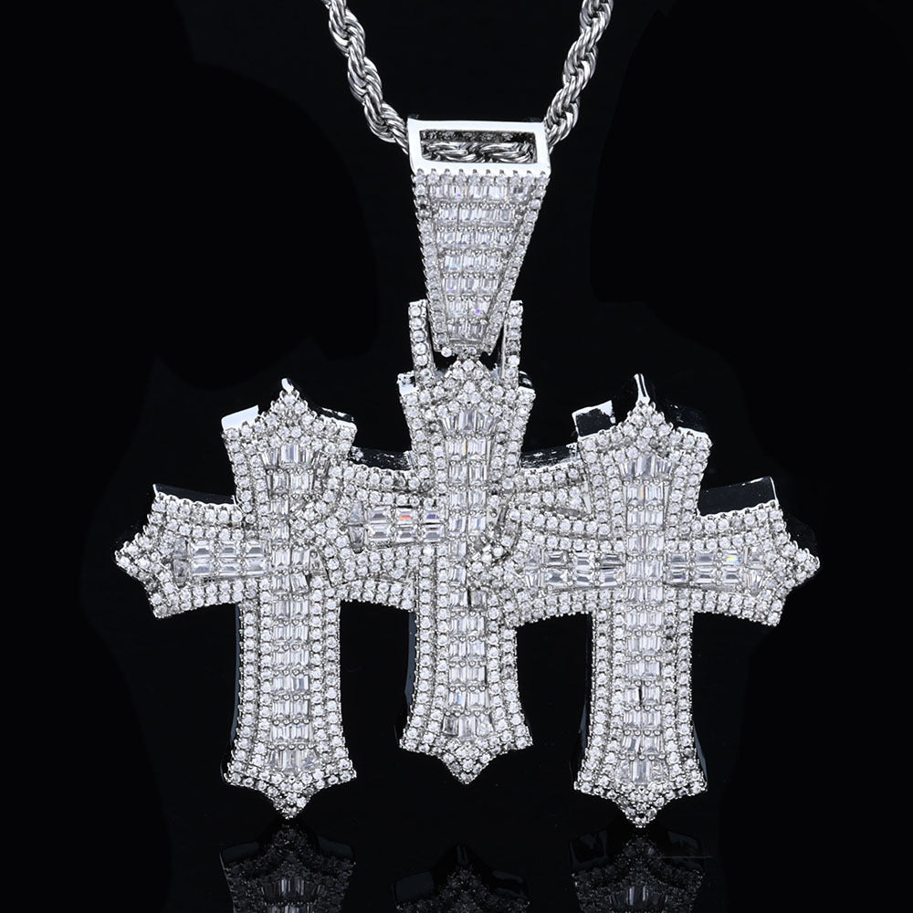 Triple Cross Pendant in White Gold with Mixed Pave
