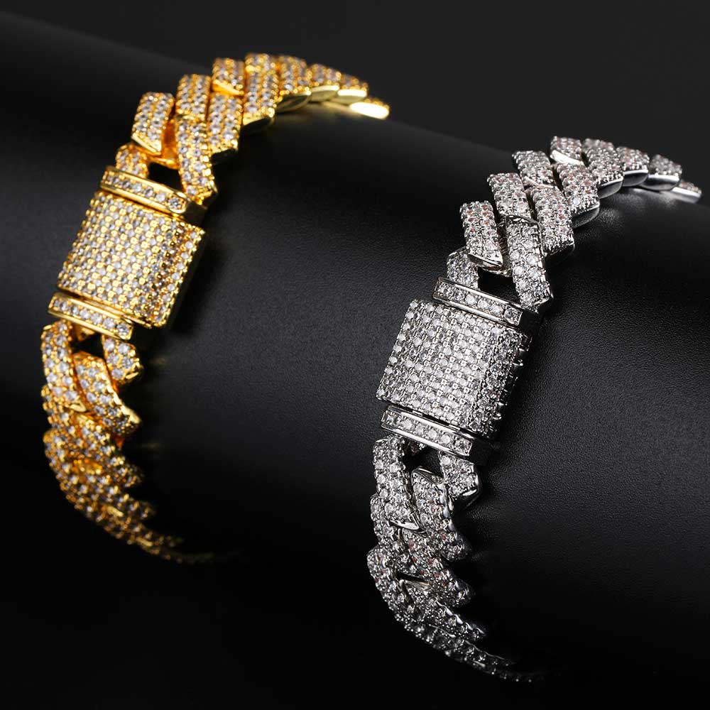 14mm Two Row Iced Out Cuban Bracelet In Gold